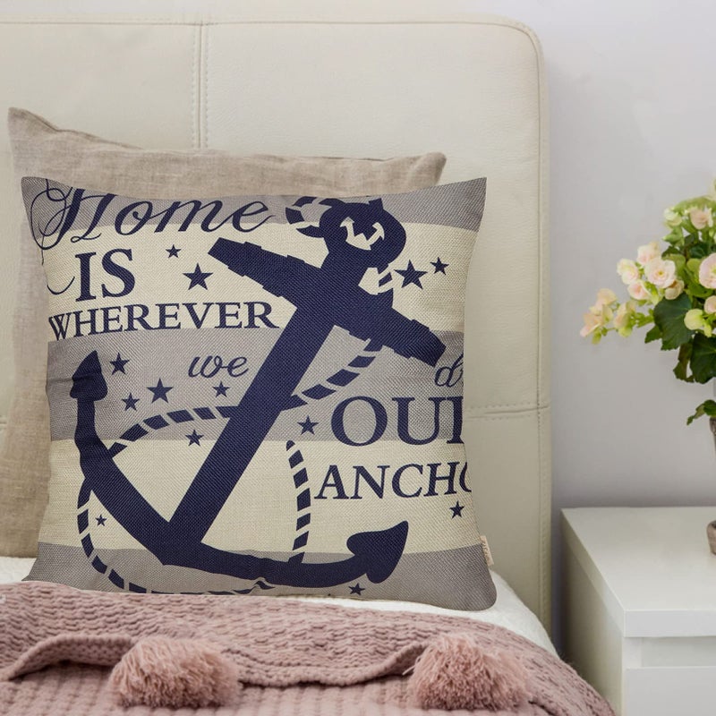 Fjfz Nautical Farmhouse Decorative Throw Pillow Cover 18x18 Home is Wherever We Drop Our Anchor Quote Sign Summer Ocean Cruise Lover Decoration Home Decor Cotton Linen Cushion Case for Sofa Couch - Image 4